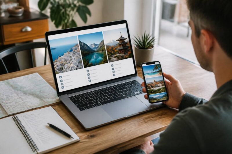 Iemand vergelijkt vakanties op laptop en smartphone aan een houten tafel
