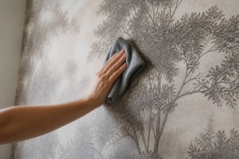 Schoonmaken van fotobehang met een zachte microvezeldoek in daglicht