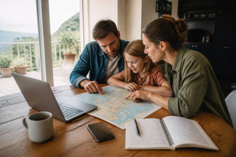 Checklist voor reizen en vakanties vergelijken met laptop en reisnotities op tafel