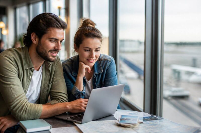 Stel dat reistips vergelijkt op een laptop in een café