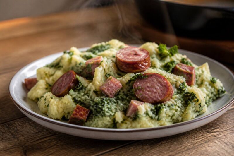 Vers bereide stamppot met aardappelpuree en groenten, geserveerd op een houten tafel