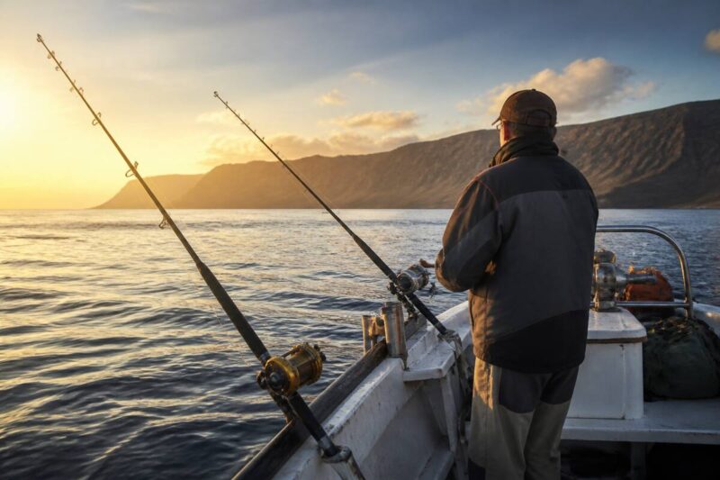 Een realistische foto van een vissersboot bij Lanzarote tijdens golden hour met een hengel op de voorgrond