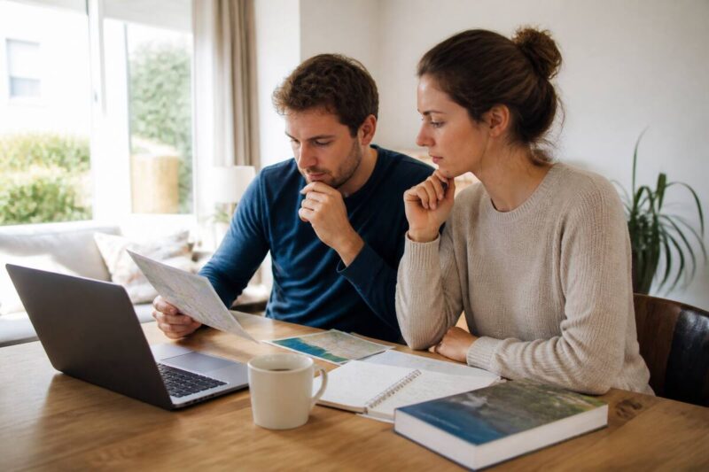 Een checklist en reisschema naast een laptop waarop een stel vakanties vergelijkt