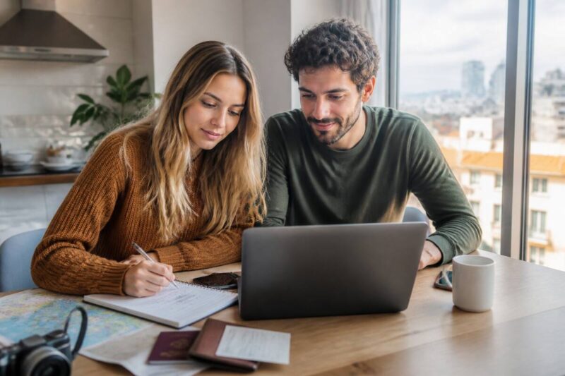 Een stel dat vakanties vergelijkt met een checklist op een laptop aan tafel