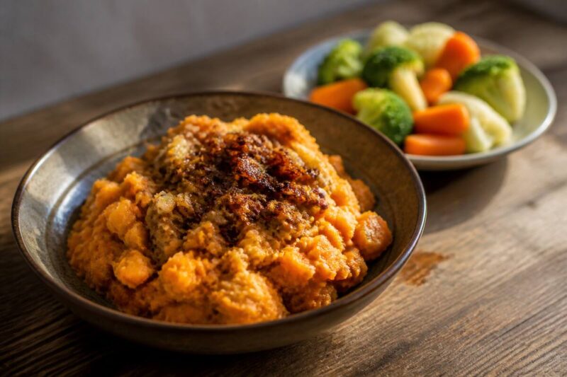 Kom met warme hutspot op een houten tafel met aardappelpuree en wortel- en ui-stukjes, natuurlijk licht